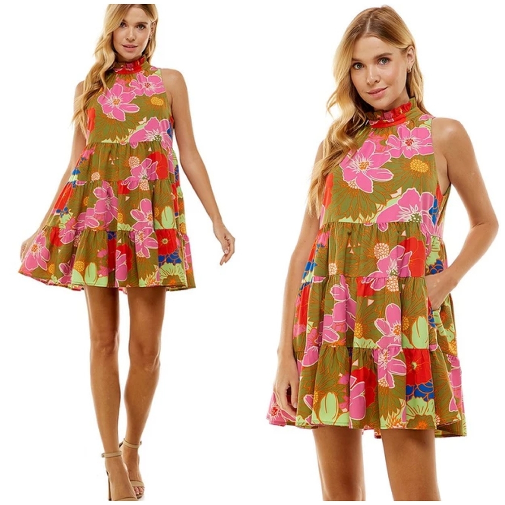 TCEC Floral Mock Neck Tiered Short Swing  Dress - Picture 2 of 5